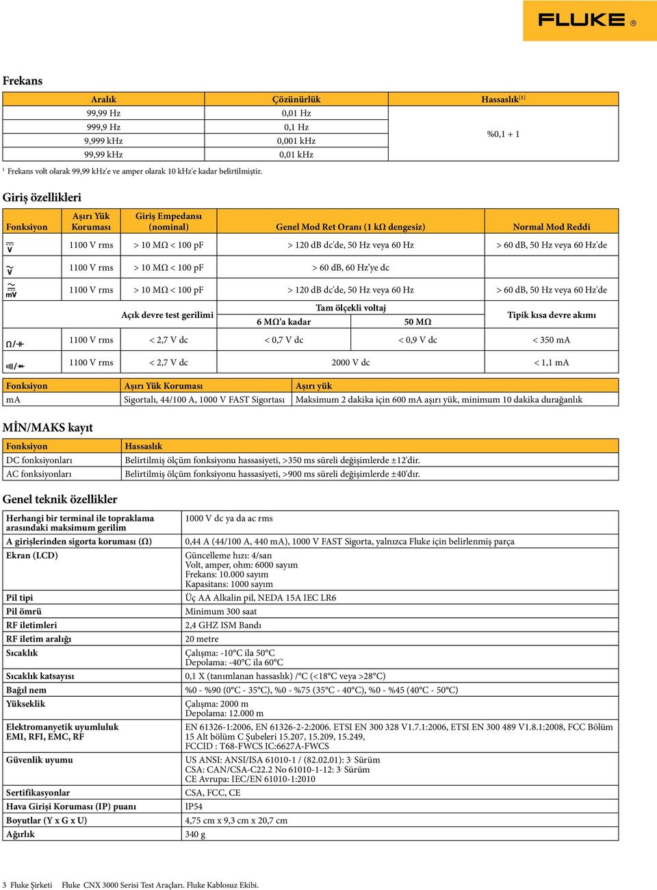 veya 60 Hz'de 00 V rms > 0 MΩ < 00 pf > 60 db, 60 Hz ye dc 00 V rms > 0 MΩ < 00 pf > 20 db dc'de, 50 Hz veya 60 Hz > 60 db, 50 Hz veya 60 Hz'de Açık devre test gerilimi Tam ölçekli voltaj 6 MΩ'a