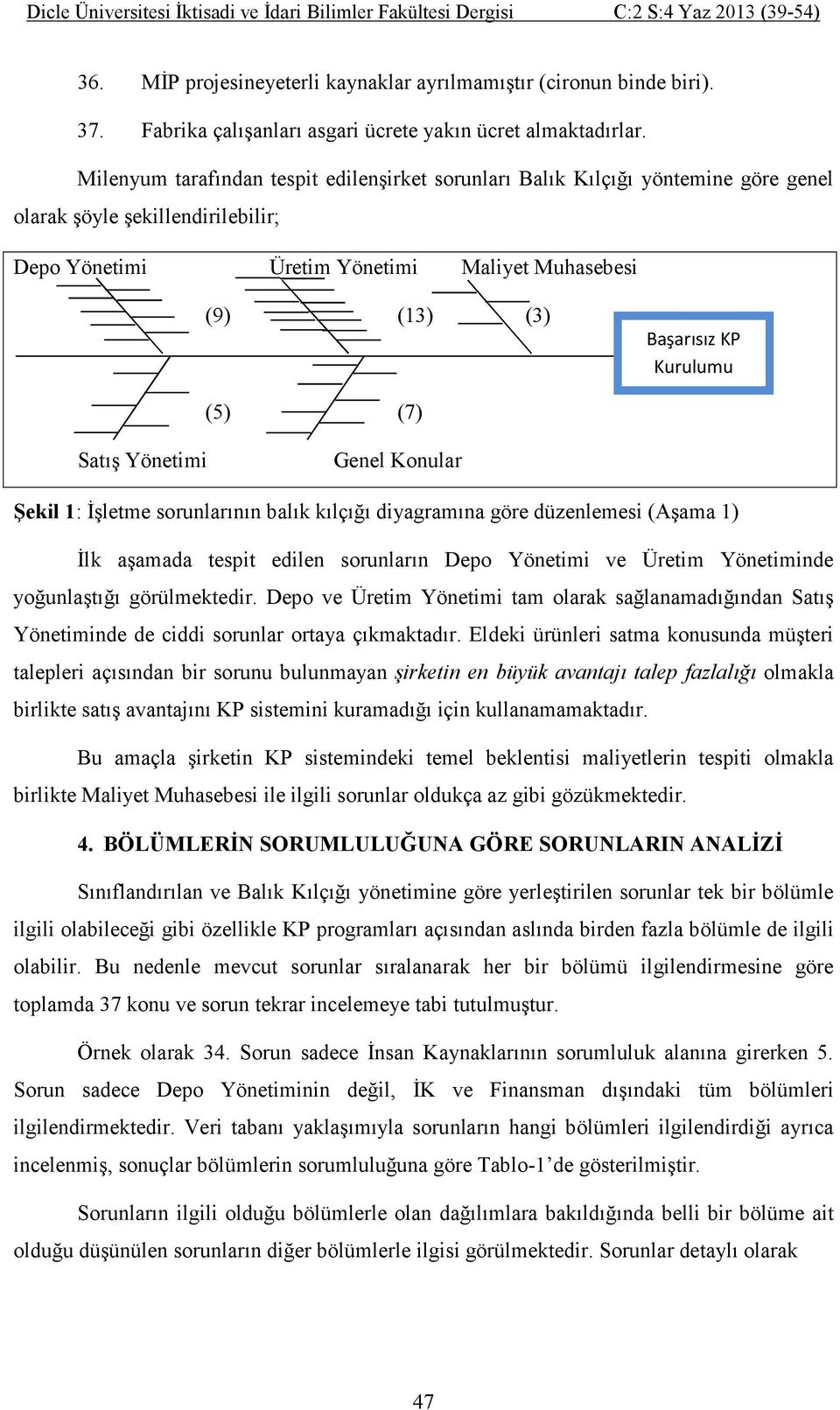 Kurulumu (5) (7) Satış Yönetimi Genel Konular Şekil 1: Đşletme sorunlarının balık kılçığı diyagramına göre düzenlemesi (Aşama 1) Đlk aşamada tespit edilen sorunların Depo Yönetimi ve Üretim