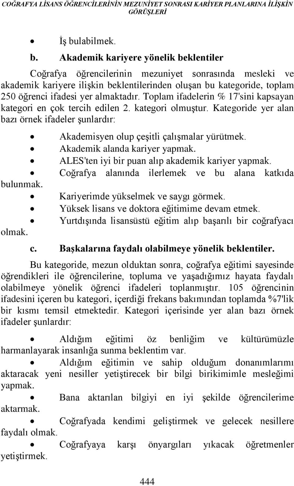 Akademik kariyere yönelik beklentiler Coğrafya öğrencilerinin mezuniyet sonrasında mesleki ve akademik kariyere ilişkin beklentilerinden oluşan bu kategoride, toplam 250 öğrenci ifadesi yer