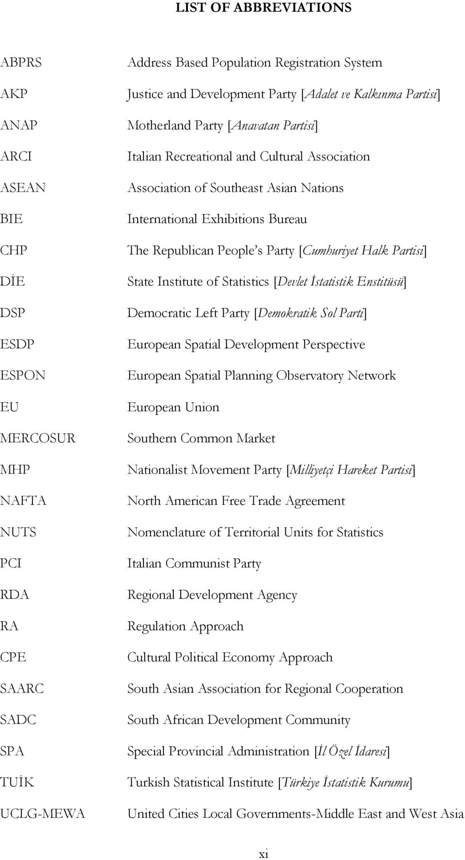 Bureau The Republican People s Party [Cumhuriyet Halk Partisi] State Institute of Statistics [Devlet İstatistik Enstitüsü] Democratic Left Party [Demokratik Sol Parti] European Spatial Development