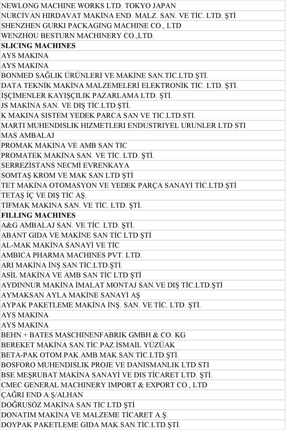 TİFMAK MAKINA SAN. VE TİC. LTD. ŞTİ. FILLING MACHINES ABANT GIDA VE MAKİNE SAN TİC LTD ŞTİ AL-MAK MAKİNA SANAYİ VE TİC ARI MAKİNA İNŞ.SAN.TİC.LTD.ŞTİ. ASİL MAKİNA VE AMB SAN TİC LTD ŞTİ AYDINNUR MAKİNA İMALAT MONTAJ SAN.