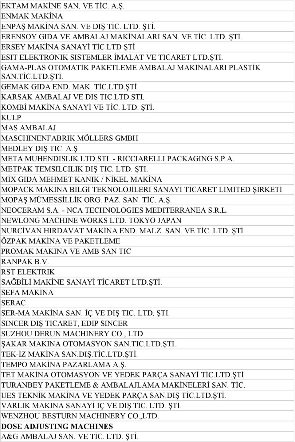 KULP MAS AMBALAJ MASCHINENFABRIK MÖLLERS GMBH MEDLEY DIŞ TIC. A.Ş META MUHENDISLIK LTD.STI. - RICCIARELLI PACKAGING S.P.A. METPAK TEMSILCILIK DIŞ TIC. LTD. ŞTI.