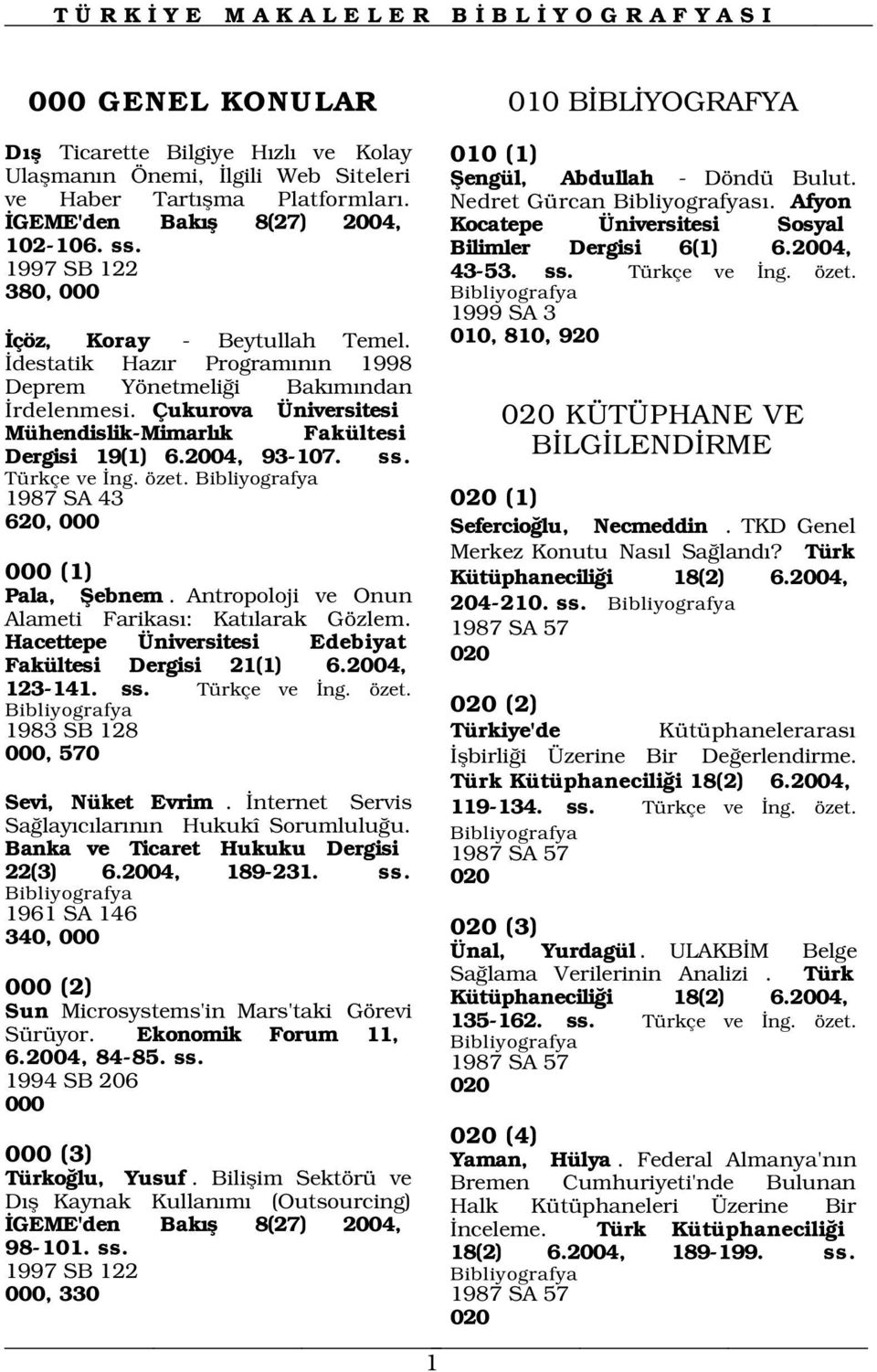 2004, 93-107. ss. Türkçe ve ng. özet. 1987 SA 43 010 (1) fiengül, Abdullah - Döndü Bulut. Nedret Gürcan s. Afyon Kocatepe Üniversitesi Sosyal Bilimler Dergisi 6(1) 6.2004, 43-53. ss. Türkçe ve ng. özet. 1999 SA 3 010, 810, 920 020 KÜTÜPHANE VE B LG LEND RME 020 (1) 620, 000 Sefercio lu, Necmeddin.