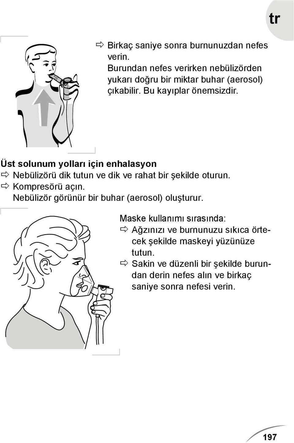 tr Üst solunum yolları için enhalasyon Nebülizörü dik tutun ve dik ve rahat bir şekilde oturun. Kompresörü açın.