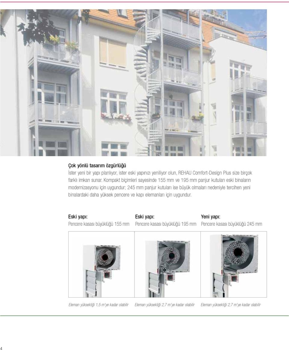 tercihen yeni binalardaki daha yüksek pencere ve kapı elemanları için uygundur.