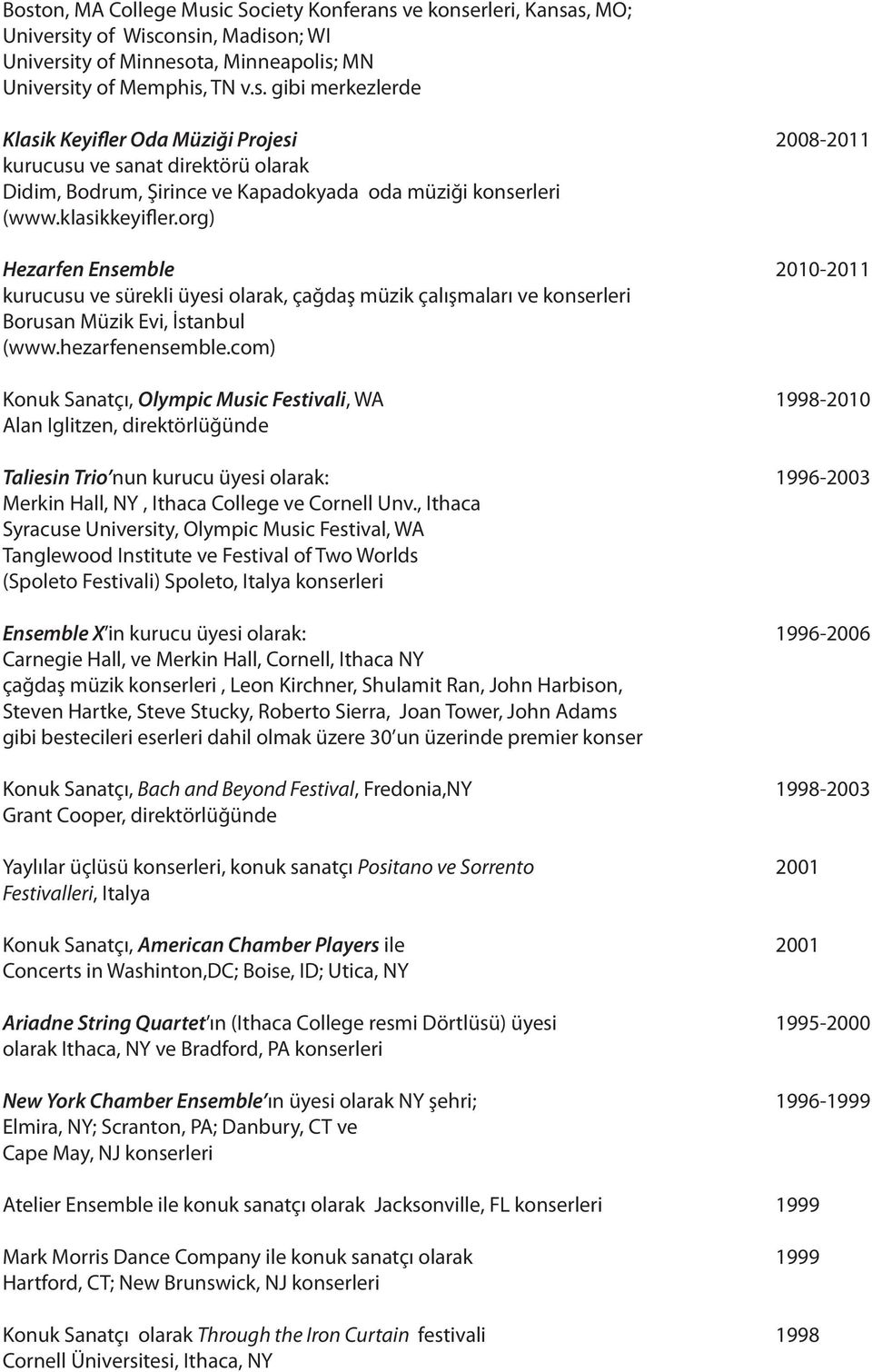 com) Konuk Sanatçı, Olympic Music Festivali, WA 1998-2010 Alan Iglitzen, direktörlüğünde Taliesin Trio nun kurucu üyesi olarak: 1996-2003 Merkin Hall, NY, Ithaca College ve Cornell Unv.