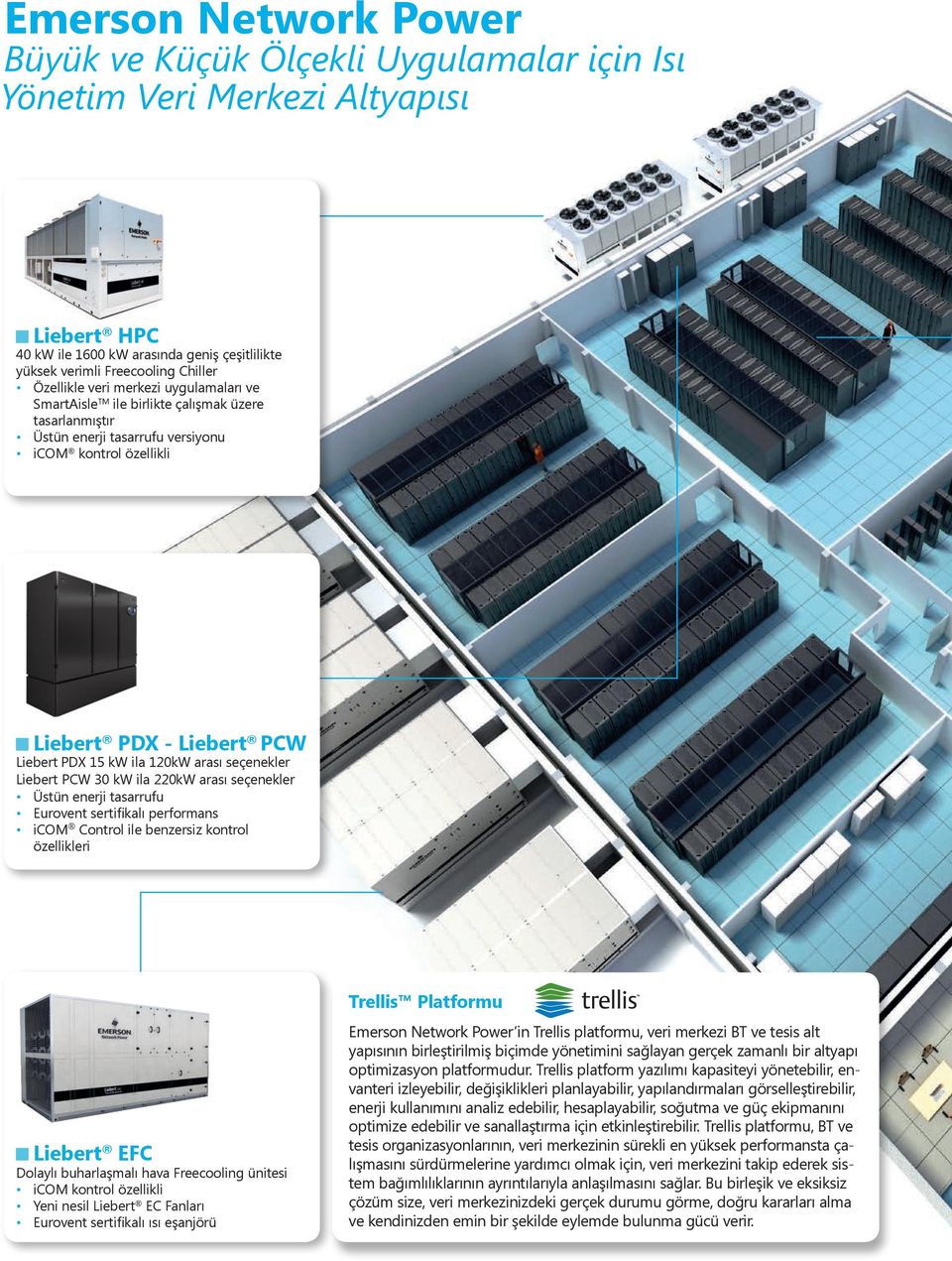 seçenekler Liebert PCW 30 kw ila 220kW arası seçenekler Üstün enerji tasarrufu Eurovent sertifikalı performans icom Control ile benzersiz kontrol özellikleri Liebert EFC Dolaylı buharlaşmalı hava