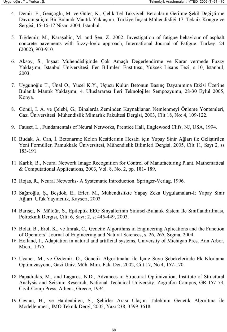 Tığdemir, M., Karaşahin, M. and Şen, Z. 2002. Investigation of fatigue behaviour of asphalt concrete pavements with fuzzy-logic approach, International Journal of Fatigue. Turkey. 24 (2002), 903-910.