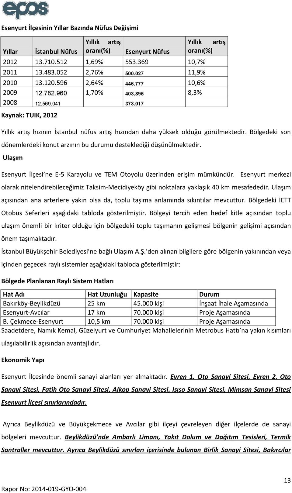 017 Kaynak: TUIK, 2012 Yıllık artış oranı(%) Yıllık artış hızının İstanbul nüfus artış hızından daha yüksek olduğu görülmektedir.