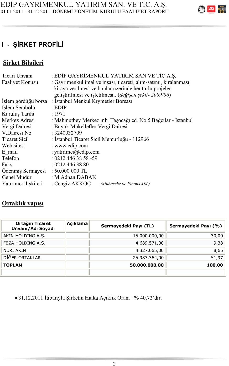 No:5 Bağcılar - İstanbul Vergi Dairesi : Büyük Mükellefler Vergi Dairesi V.Dairesi No : 3240032709 Ticaret Sicil : İstanbul Ticaret Sicil Memurluğu - 112966 Web sitesi : www.edip.