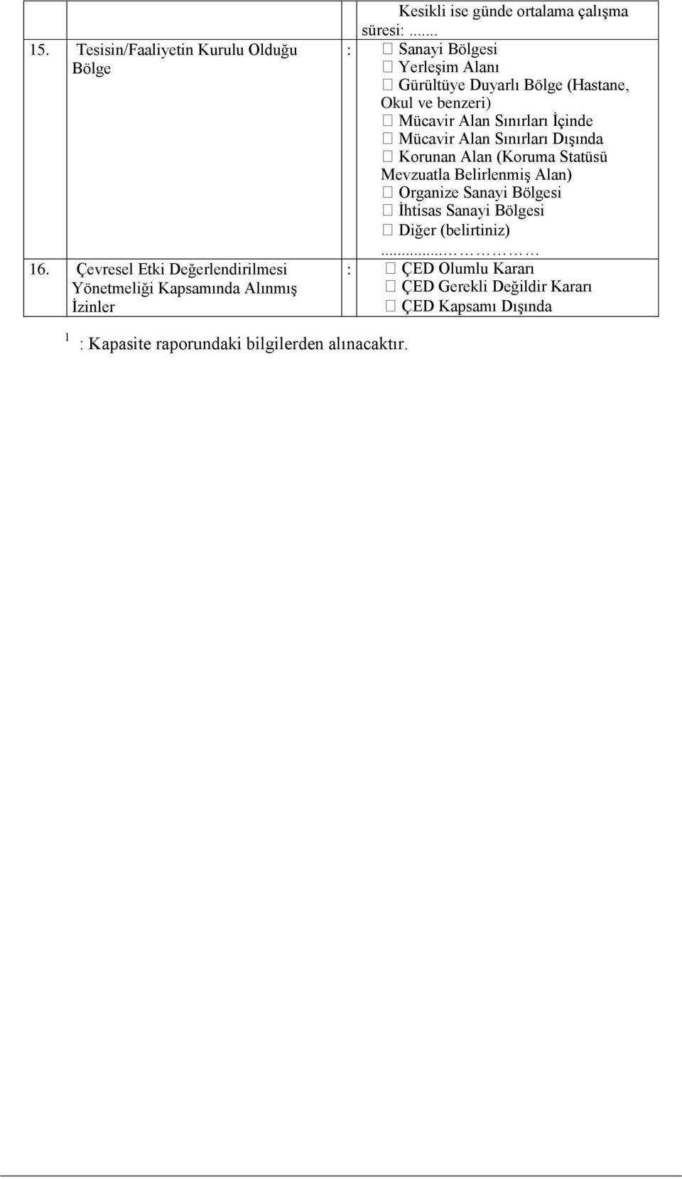 .. : Sanayi Bölgesi Yerleşim Alanı Gürültüye Duyarlı Bölge (Hastane, Okul ve benzeri) Mücavir Alan Sınırları İçinde Mücavir Alan