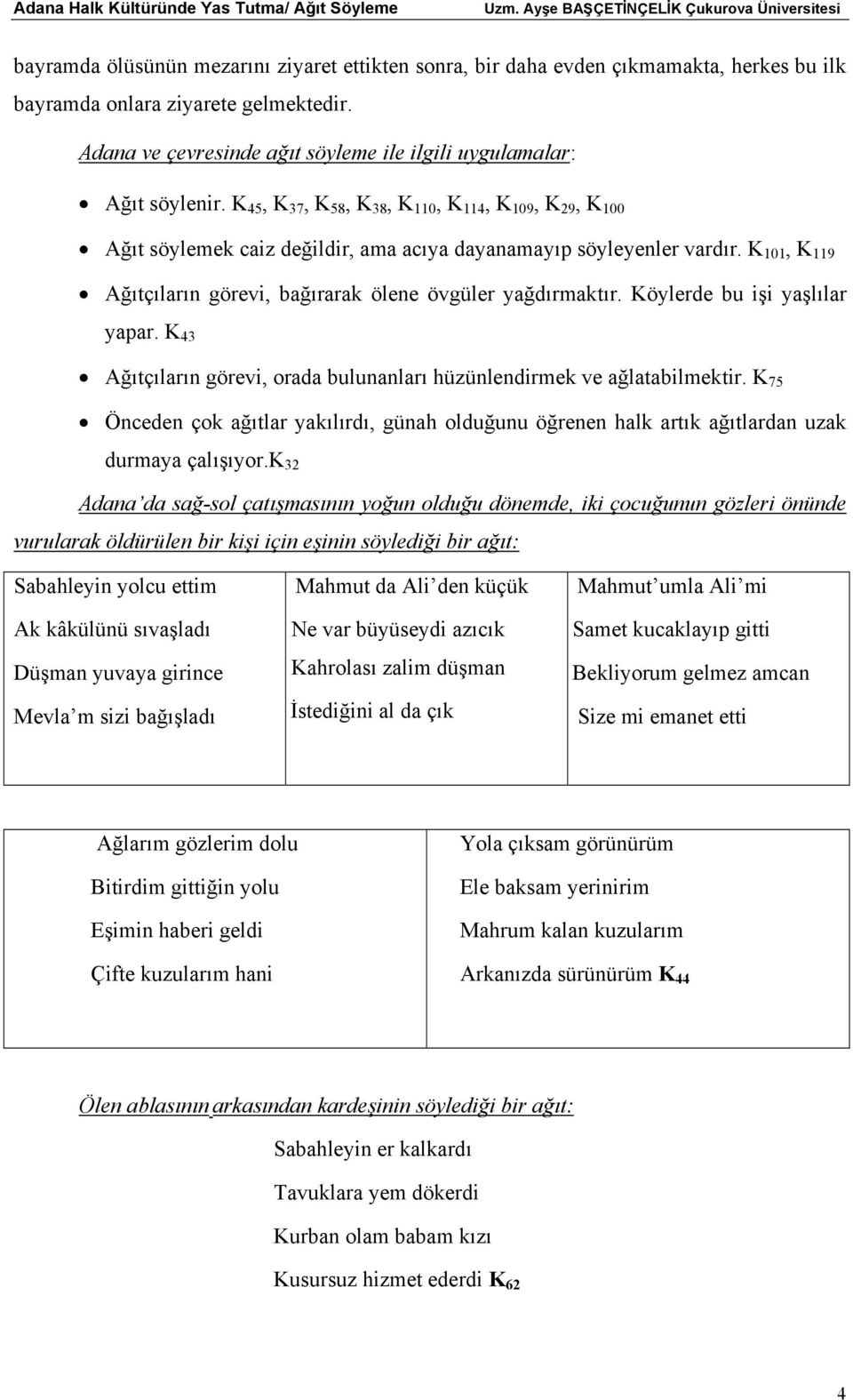 K 101, K 119 Ağıtçıların görevi, bağırarak ölene övgüler yağdırmaktır. Köylerde bu işi yaşlılar yapar. K 43 Ağıtçıların görevi, orada bulunanları hüzünlendirmek ve ağlatabilmektir.