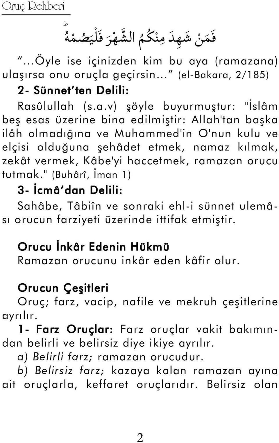 Muhammed'in O'nun kulu ve elçisi olduğuna şehâdet etmek, namaz kılmak, zekât vermek, Kâbe'yi haccetmek, ramazan orucu tutmak.