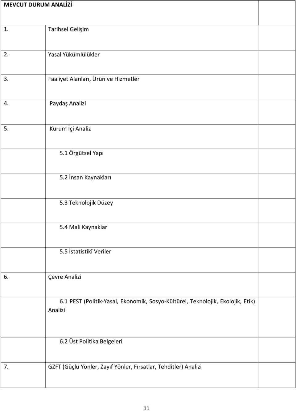 4 Mali Kaynaklar 5.5 İstatistikî Veriler 6. Çevre Analizi 6.