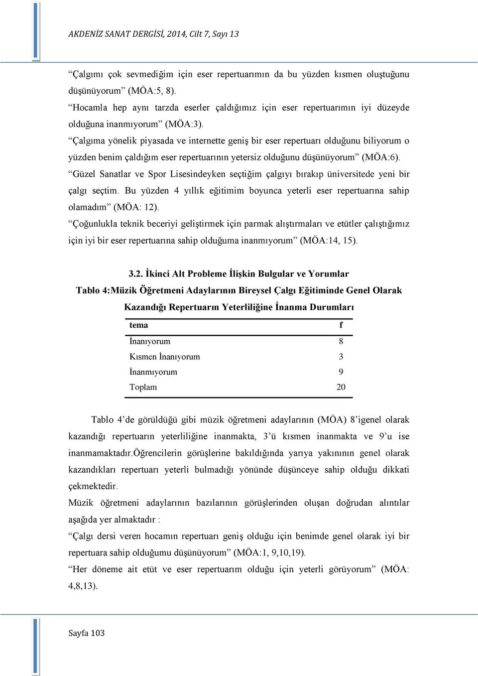 Çalgıma yönelik piyasada ve internette geniģ bir eser repertuarı olduğunu biliyorum o yüzden benim çaldığım eser repertuarının yetersiz olduğunu düģünüyorum (MÖA:6).