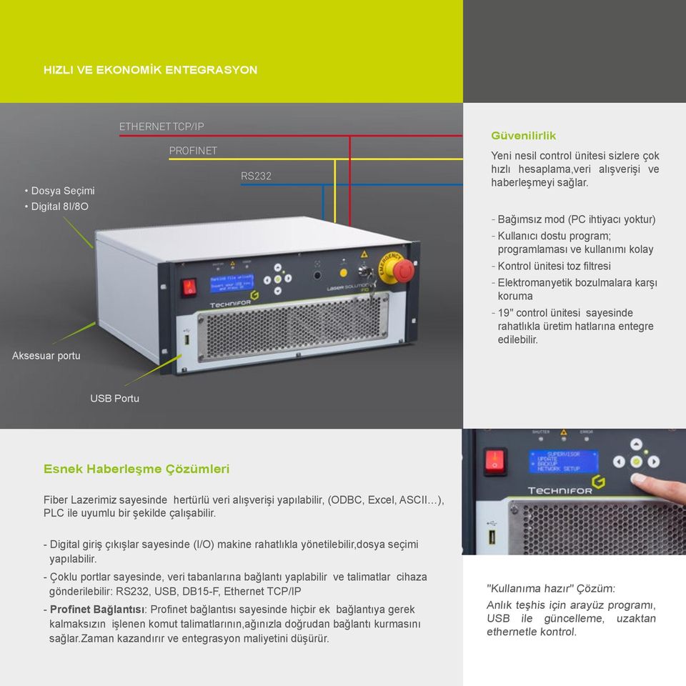 --Bağımsız mod (PC ihtiyacı yoktur) --Kullanıcı dostu program; programlaması ve kullanımı kolay --Kontrol ünitesi toz filtresi --Elektromanyetik bozulmalara karşı koruma --19" control ünitesi