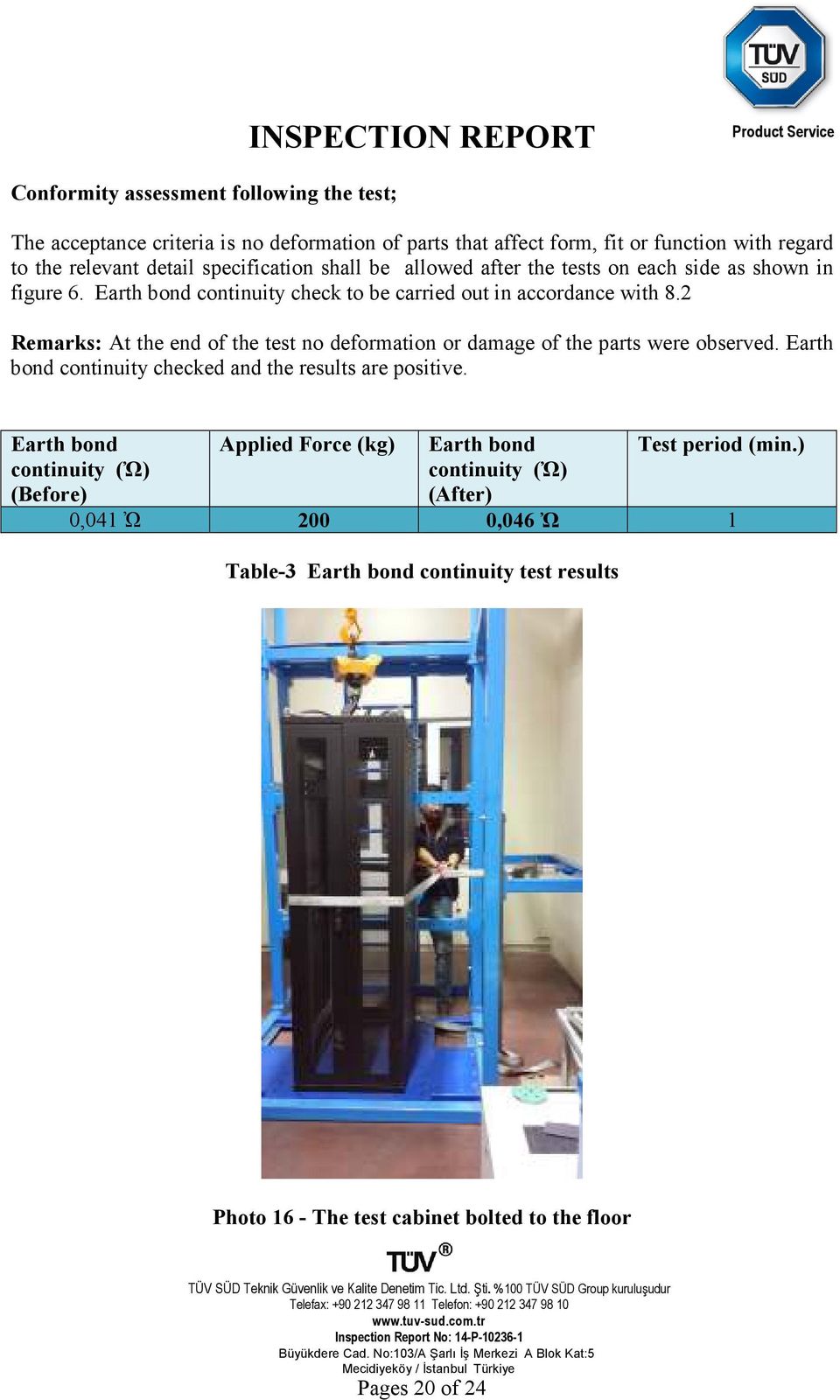 2 Remarks: At the end of the test no deformation or damage of the parts were observed. Earth bond continuity checked and the results are positive.