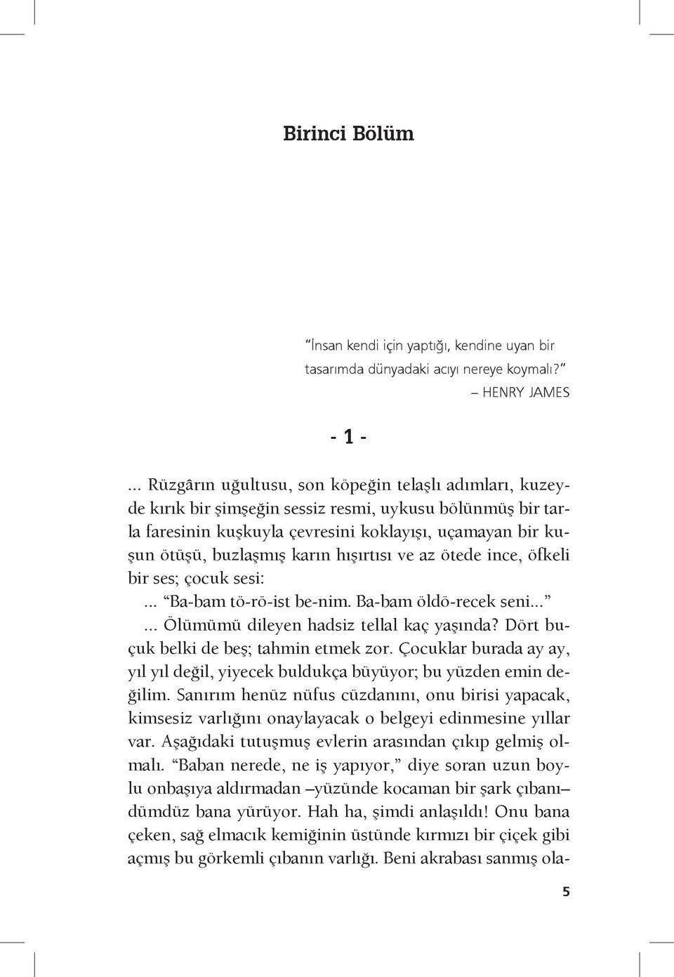 karın hışırtısı ve az ötede ince, öfkeli bir ses; çocuk sesi:... Ba-bam tö-rö-ist be-nim. Ba-bam öldö-recek seni...... Ölümümü dileyen hadsiz tellal kaç yaşında?