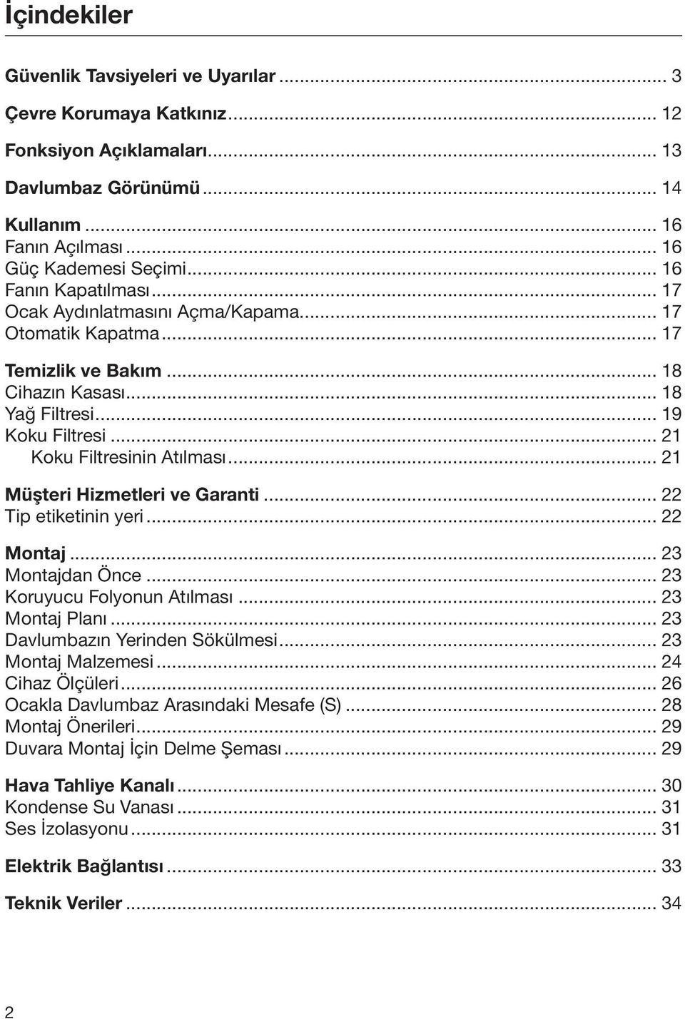 .. 21 Müşteri Hizmetleri ve Garanti... 22 Tip etiketinin yeri... 22 Montaj... 23 Montajdan Önce... 23 Koruyucu Folyonun Atılması... 23 Montaj Planı... 23 Davlumbazın Yerinden Sökülmesi.