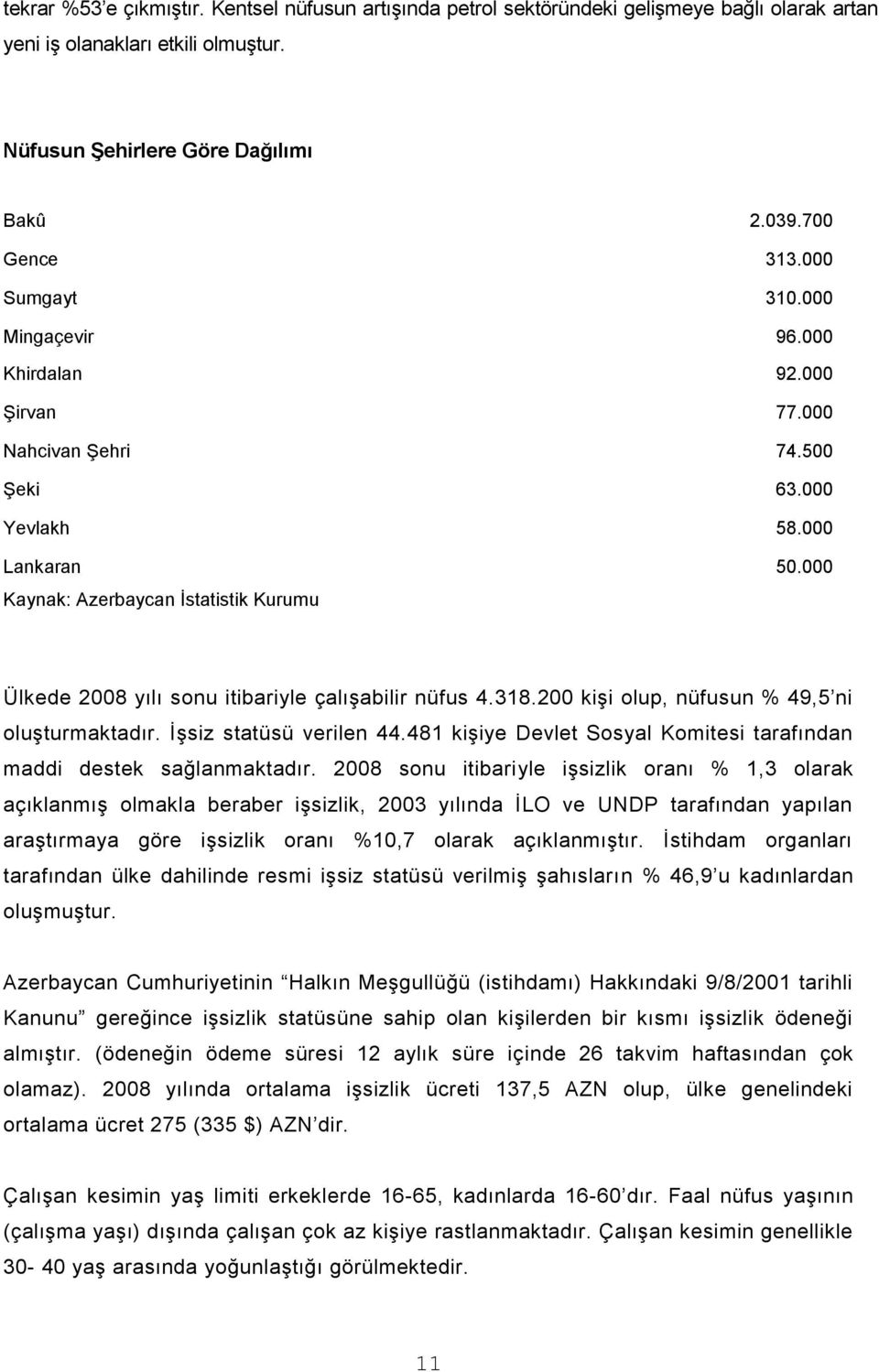 000 Kaynak: Azerbaycan İstatistik Kurumu Ülkede 2008 yılı sonu itibariyle çalışabilir nüfus 4.318.200 kişi olup, nüfusun % 49,5 ni oluşturmaktadır. İşsiz statüsü verilen 44.