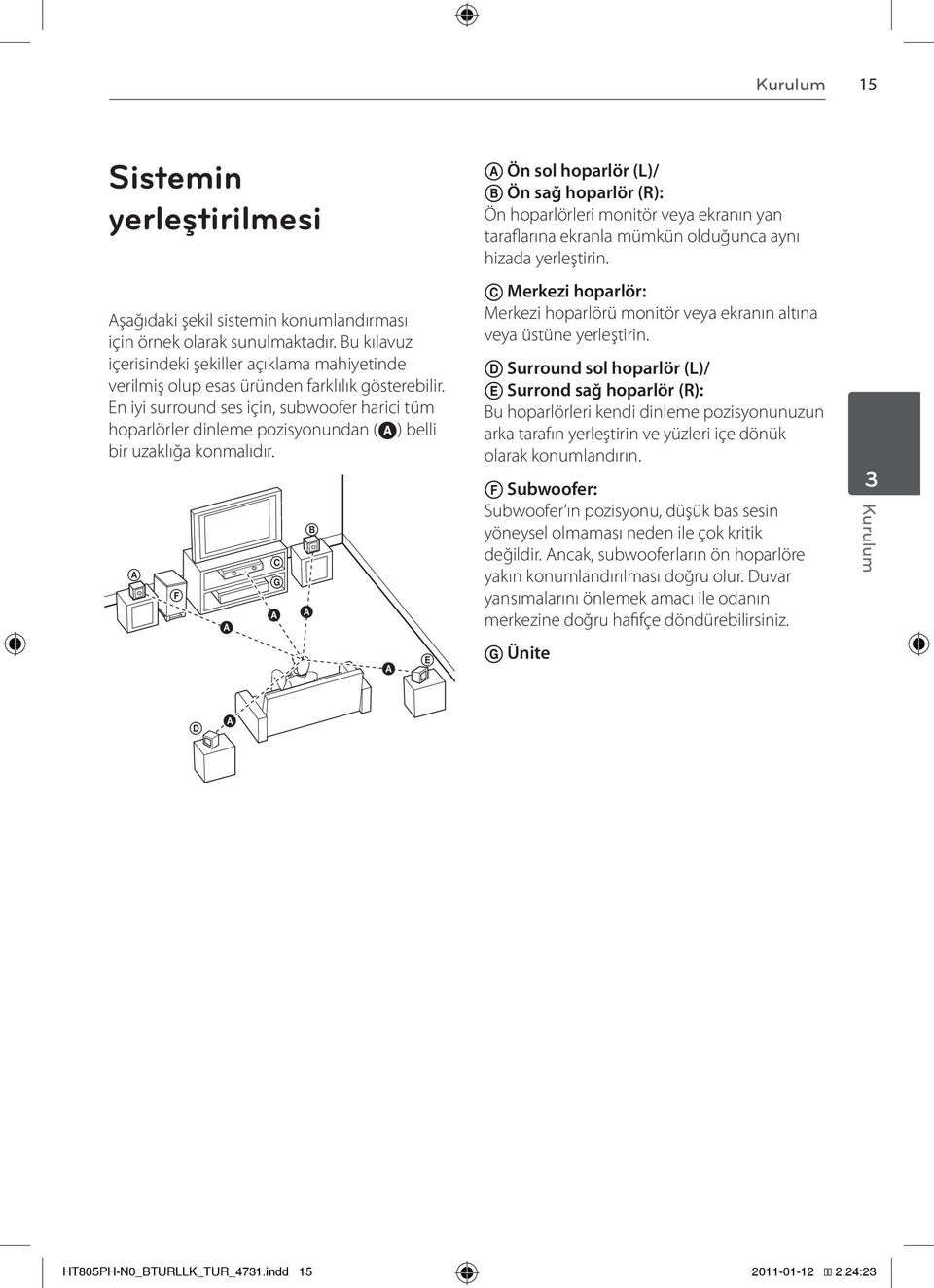 En iyi surround ses için, subwoofer harici tüm hoparlörler dinleme pozisyonundan (A) belli bir uzaklığa konmalıdır.