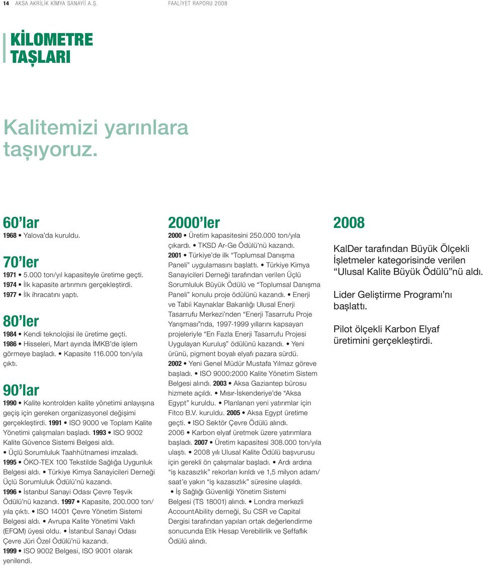 000 ton/yıla çıktı. 90 lar 1990 Kalite kontrolden kalite yönetimi anlayışına geçiş için gereken organizasyonel değişimi gerçekleştirdi. 1991 ISO 9000 ve Toplam Kalite Yönetimi çalışmaları başladı.