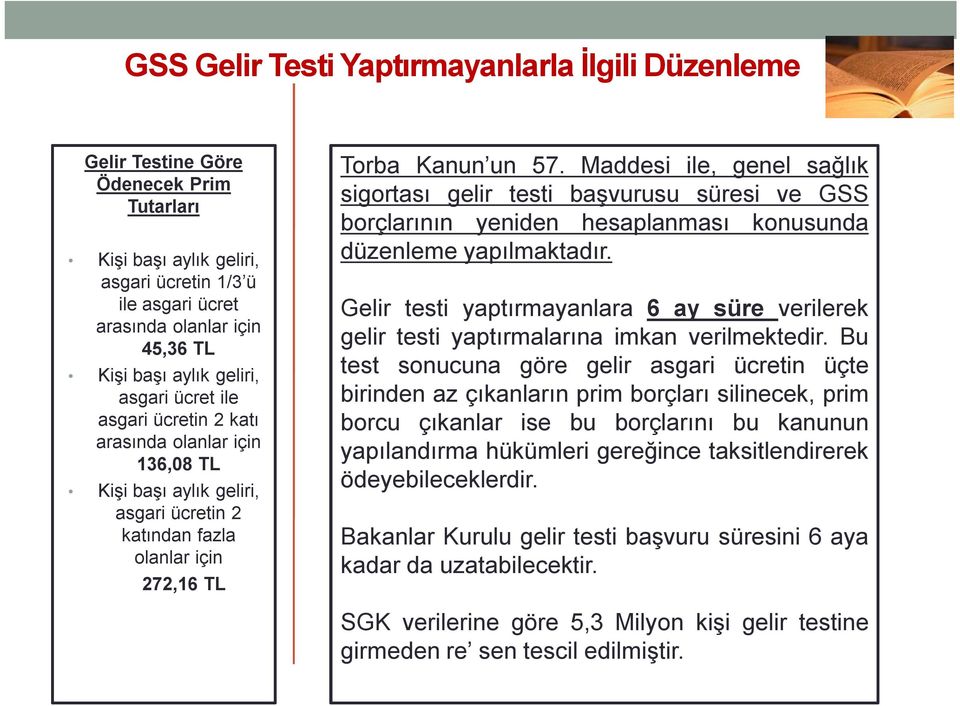 Maddesi ile, genel sağlık sigortası gelir testi başvurusu süresi ve GSS borçlarının yeniden hesaplanması konusunda düzenleme yapılmaktadır.