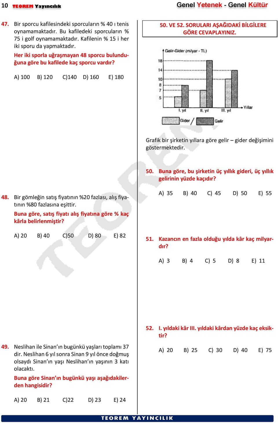 A) 100 B) 120 C) 140 D) 160 E) 180 Grafik bir şirketin yıllara göre gelir gider değişimini göstermektedir. 50. Buna göre, bu şirketin üç yıllık gideri, üç yıllık gelirinin yüzde kaçıdır? 48.