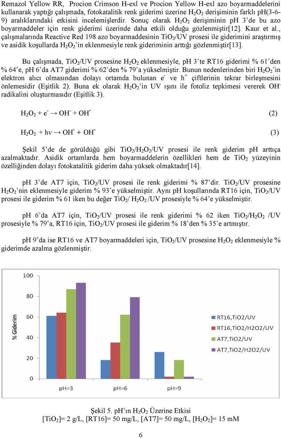 , çalışmalarında Reactive Red 198 azo boyarmaddesinin TiO 2 /UV prosesi ile giderimini araştırmış ve asidik koşullarda H 2 O 2 in eklenmesiyle renk gideriminin arttığı gözlenmiştir[13].