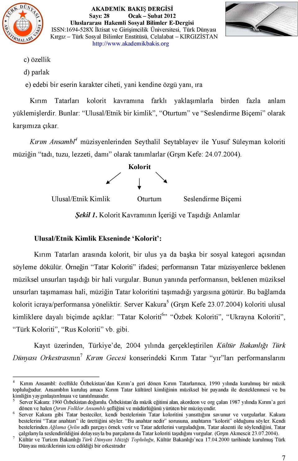 Kırım Ansambl 4 müzisyenlerinden Seythalil Seytablayev ile Yusuf Süleyman koloriti müziğin tadı, tuzu, lezzeti, damı olarak tanımlarlar (Grşm Kefe: 24.07.2004).