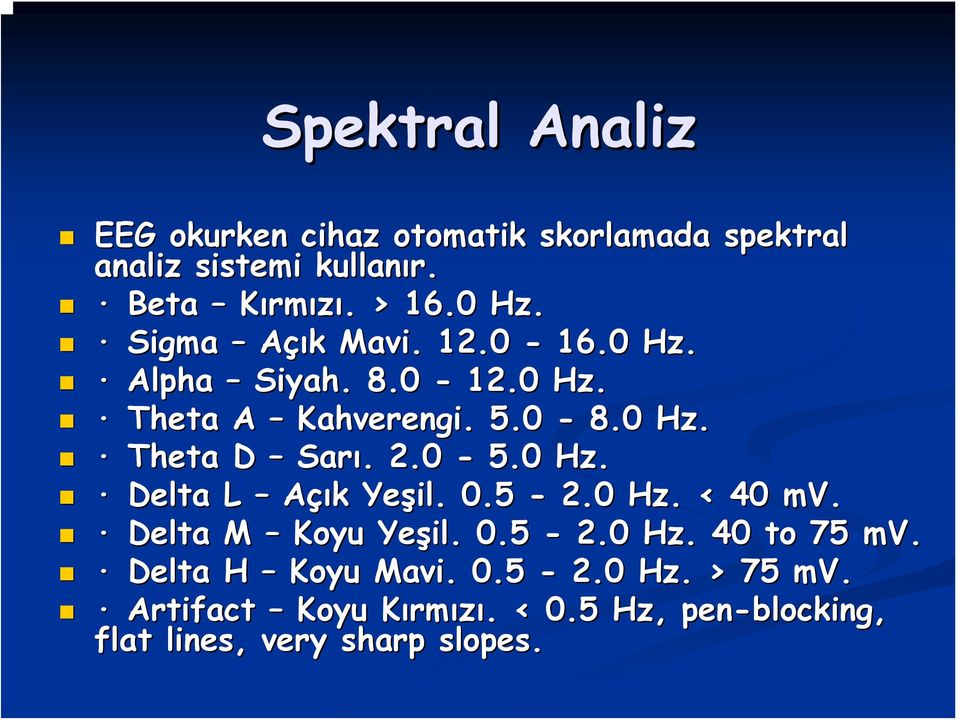 0 Hz. Delta L Açık k Yeşil. 0.5-2.0 Hz. < 40 mv. Delta M Koyu Yeşil. 0.5-2.0 Hz. 40 to 75 mv. Delta H Koyu Mavi.