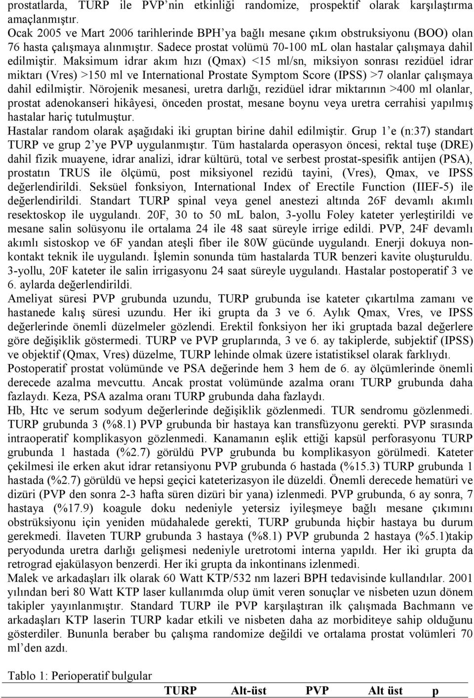 Maksimum idrar akım hızı (Qmax) <15 ml/sn, miksiyon sonrası rezidüel idrar miktarı (Vres) >150 ml ve International Prostate Symptom Score (IPSS) >7 olanlar çalışmaya dahil edilmiştir.