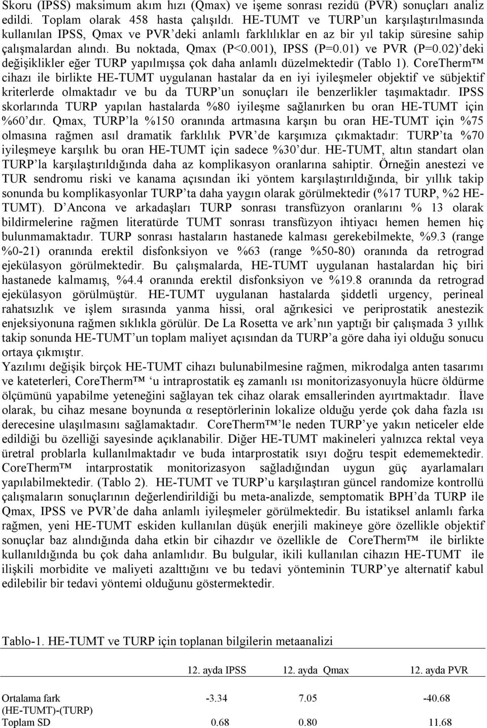 01) ve PVR (P=0.02) deki değişiklikler eğer TURP yapılmışsa çok daha anlamlı düzelmektedir (Tablo 1).