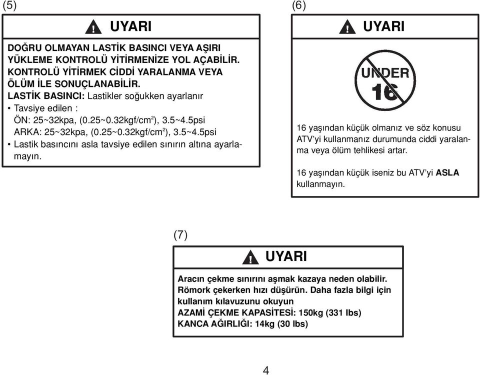 LAST K BASINCI: Lastikler so ukken ayarlan r OPERATING TIRE PRESSURE : Set with tires cold Tavsiye edilen : Recommended : ÖN: 25~32kpa, (0.25~0.32kgf/cm 2 ), 3.5~4.