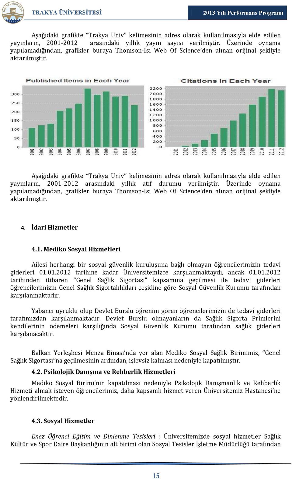 Aşağıdaki grafikte Trakya Univ kelimesinin adres olarak kullanılmasıyla elde edilen yayınların, 2001-