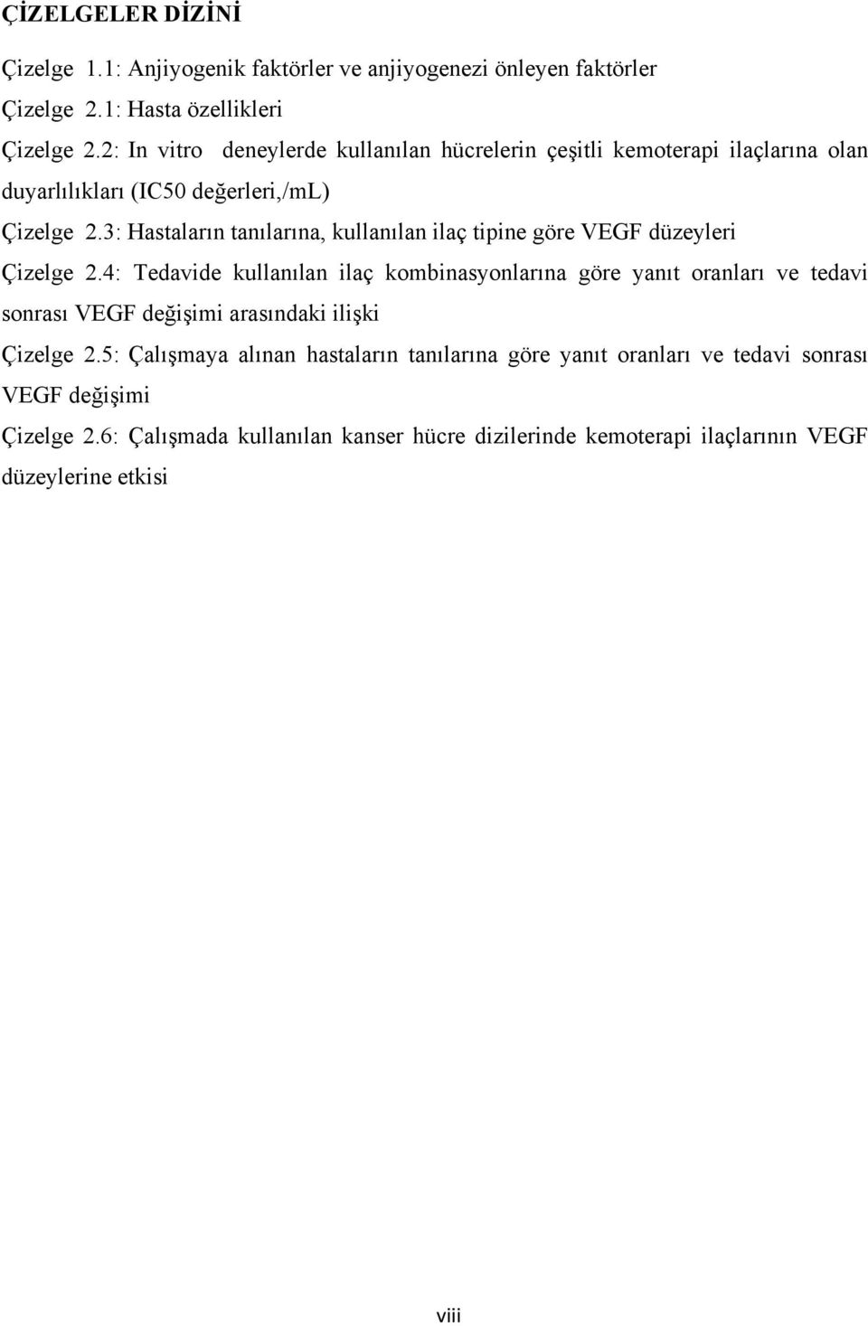 3: Hastaların tanılarına, kullanılan ilaç tipine göre VEGF düzeyleri Çizelge 2.