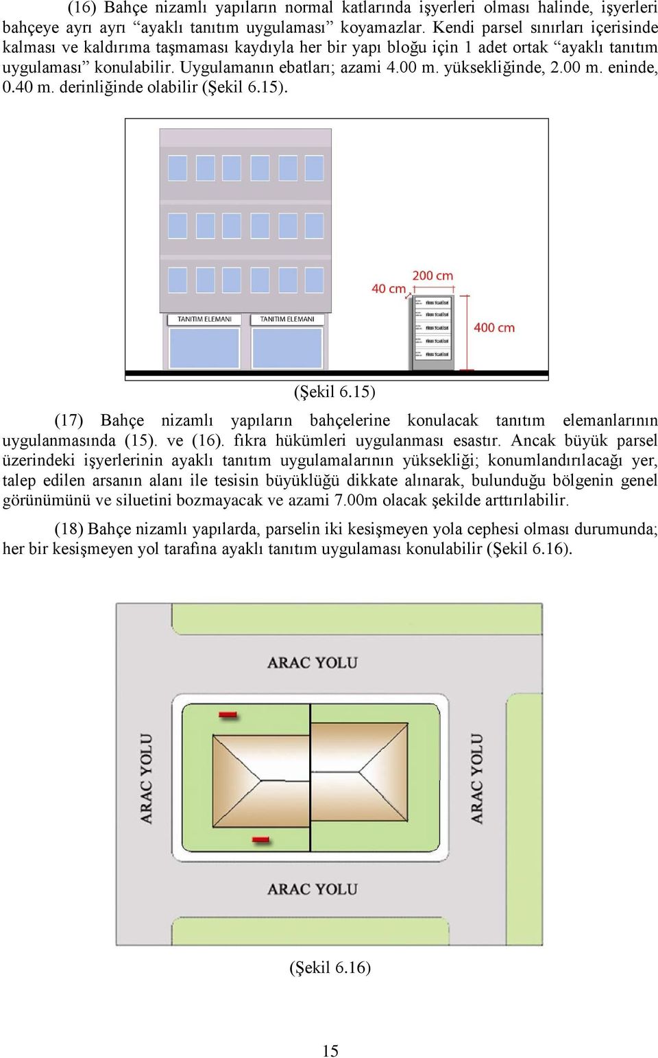 yüksekliğinde, 2.00 m. eninde, 0.40 m. derinliğinde olabilir (Şekil 6.15). (Şekil 6.15) (17) Bahçe nizamlı yapıların bahçelerine konulacak tanıtım elemanlarının uygulanmasında (15). ve (16).