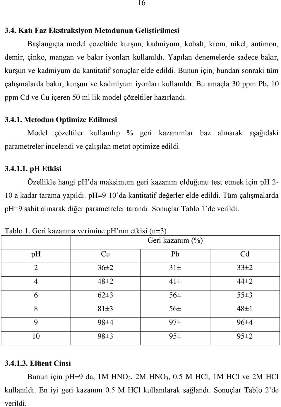 Bu amaçla 30 ppm Pb, 10 ppm Cd ve Cu içeren 50 ml lik model çözeltiler hazırlandı. 3.4.1. Metodun Optimize Edilmesi Model çözeltiler kullanılıp % geri kazanımlar baz alınarak aşağıdaki parametreler incelendi ve çalışılan metot optimize edildi.