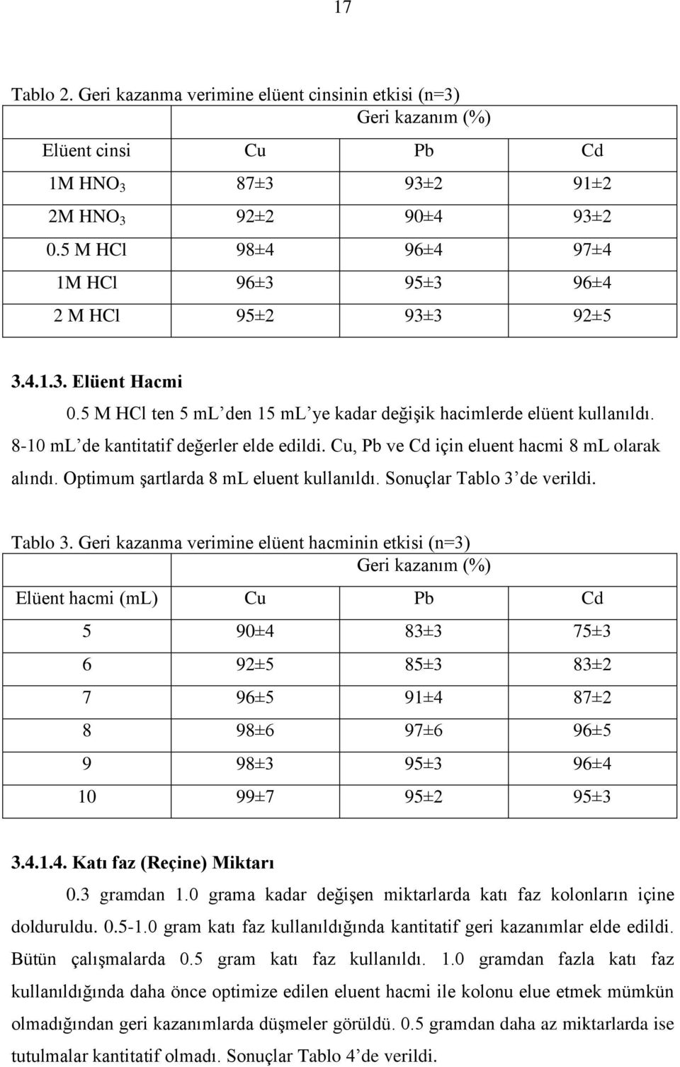 8-10 ml de kantitatif değerler elde edildi. Cu, Pb ve Cd için eluent hacmi 8 ml olarak alındı. Optimum şartlarda 8 ml eluent kullanıldı. Sonuçlar Tablo 3 