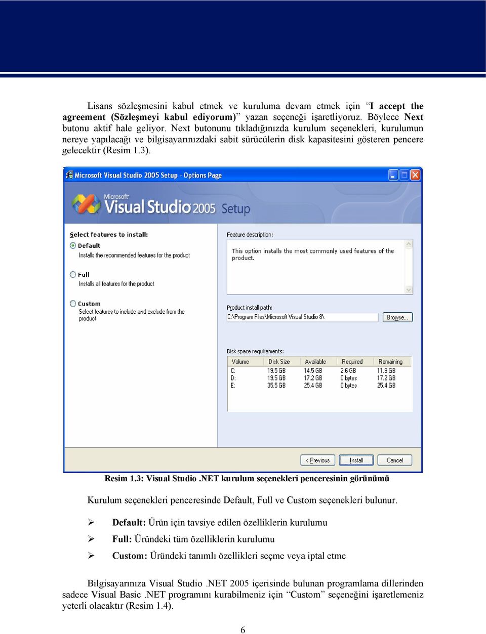 3: Visual Studio.NET kurulum seçenekleri penceresinin görünümü Kurulum seçenekleri penceresinde Default, Full ve Custom seçenekleri bulunur.