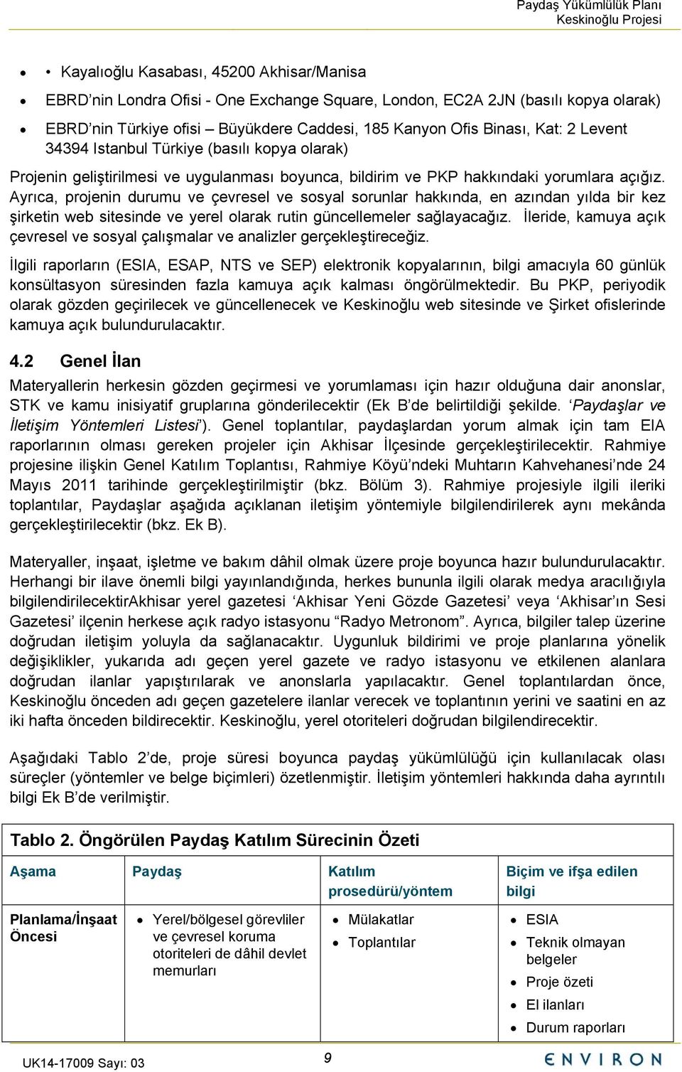 Ayrıca, projenin durumu ve çevresel ve sosyal sorunlar hakkında, en azından yılda bir kez şirketin web sitesinde ve yerel olarak rutin güncellemeler sağlayacağız.