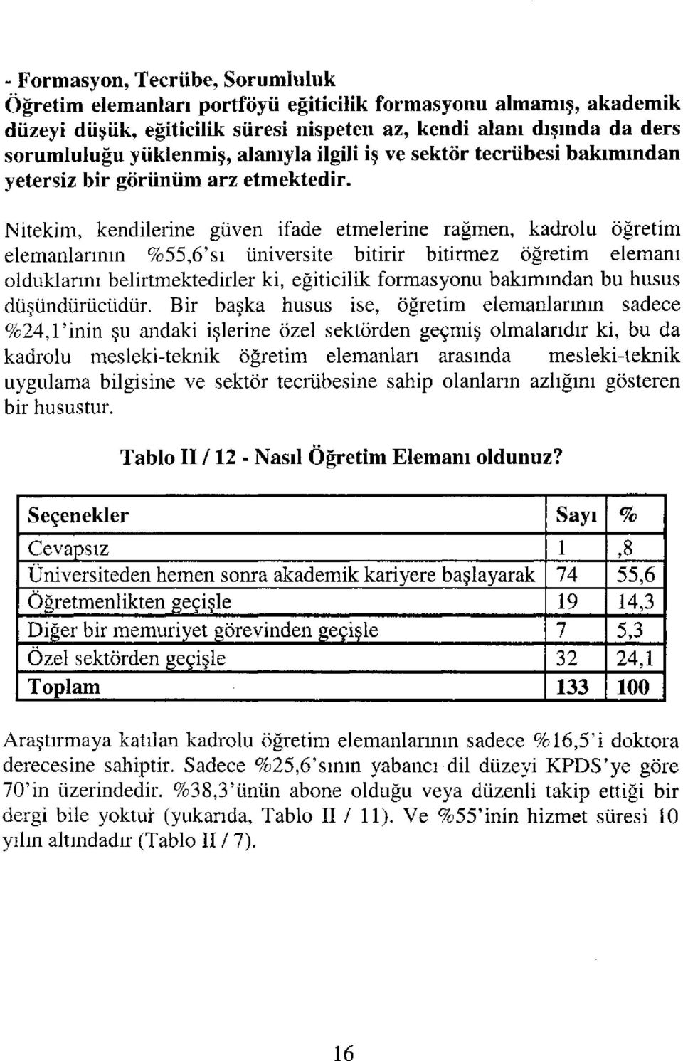 Nitekim, kendilerine güven ifade etmelerine rağmen, kadrolu öğretim elemanlarının %55,6'sı üniversite bitirir bitirmez öğretim elemanı olduklarını belirtmektedirler ki, eğiticilik formasyonu