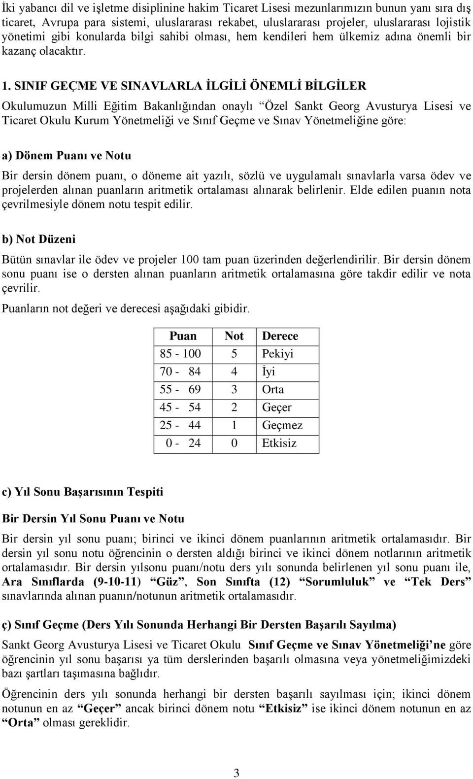 SINIF GEÇME VE SINAVLARLA İLGİLİ ÖNEMLİ BİLGİLER Okulumuzun Milli Eğitim Bakanlığından onaylı Özel Sankt Georg Avusturya Lisesi ve Ticaret Okulu Kurum Yönetmeliği ve Sınıf Geçme ve Sınav