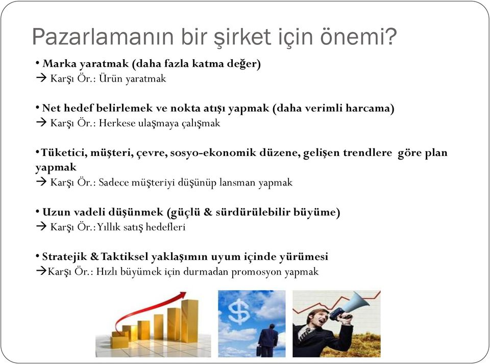 : Herkese ulaşmaya çalışmak Tüketici, müşteri, çevre, sosyo-ekonomik düzene, gelişen trendlere göre plan yapmak Karşı Ör.