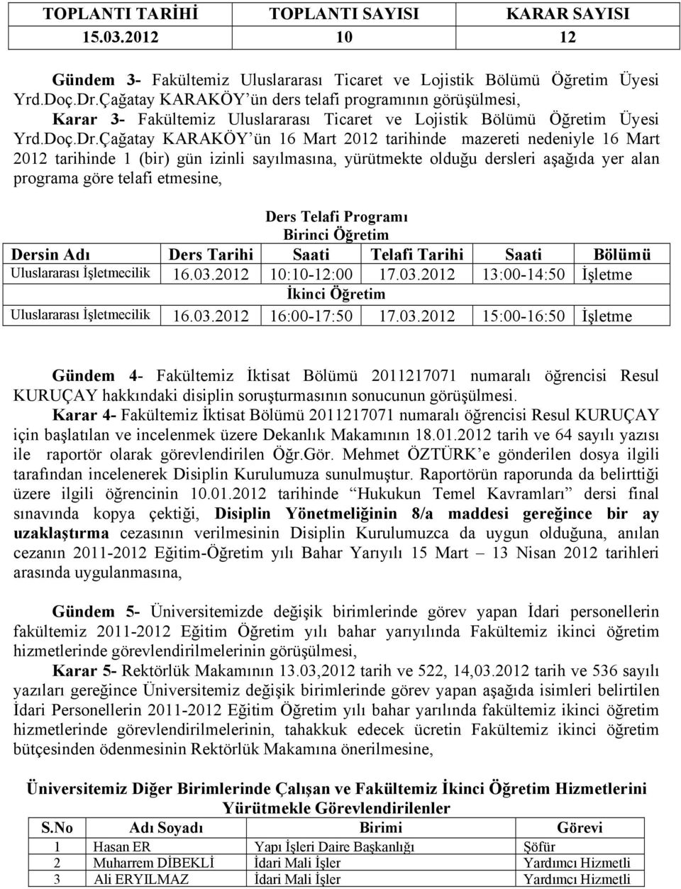 Çağatay KARAKÖY ün 16 Mart 2012 tarihinde mazereti nedeniyle 16 Mart 2012 tarihinde 1 (bir) gün izinli sayılmasına, yürütmekte olduğu dersleri aşağıda yer alan programa göre telafi etmesine, Ders