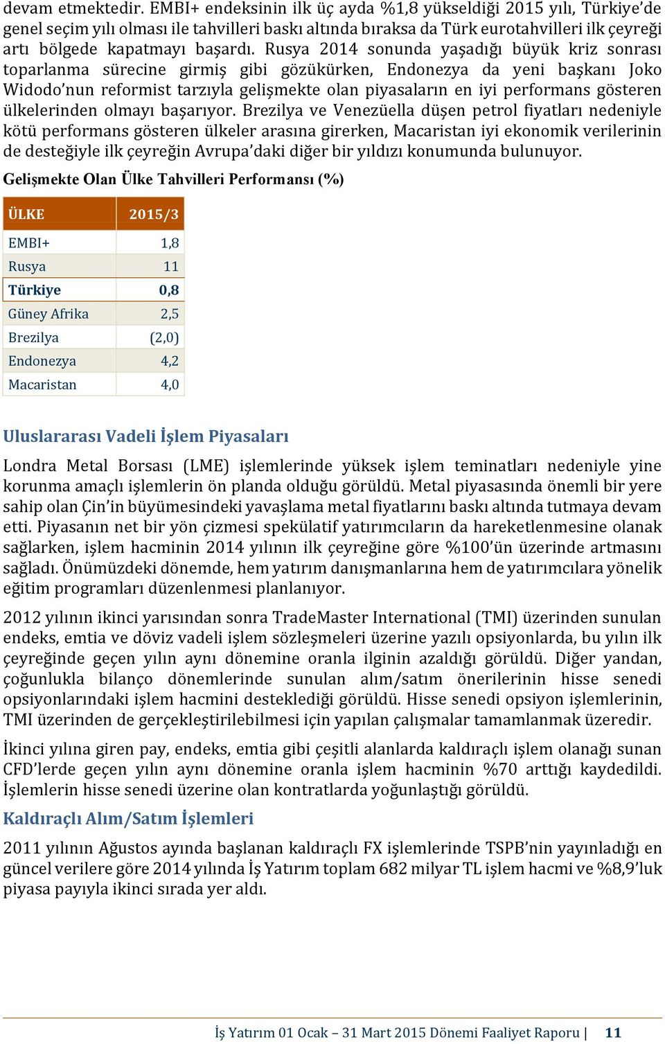 Rusya 2014 sonunda yaşadığı büyük kriz sonrası toparlanma sürecine girmiş gibi gözükürken, Endonezya da yeni başkanı Joko Widodo nun reformist tarzıyla gelişmekte olan piyasaların en iyi performans