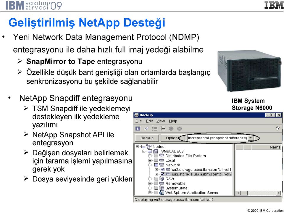 sağlanabilir NetApp Snapdiff entegrasyonu TSM Snapdiff ile yedeklemeyi destekleyen ilk yedekleme yazılımı NetApp Snapshot API