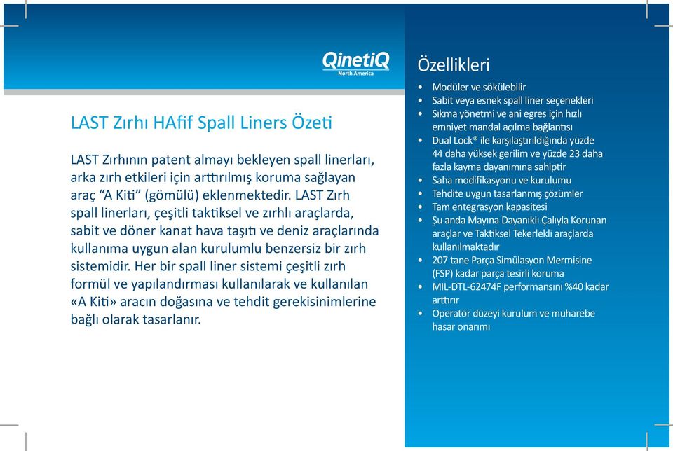 Her bir spall liner sistemi çeşitli zırh formül ve yapılandırması kullanılarak ve kullanılan «A Kiti» aracın doğasına ve tehdit gerekisinimlerine bağlı olarak tasarlanır.