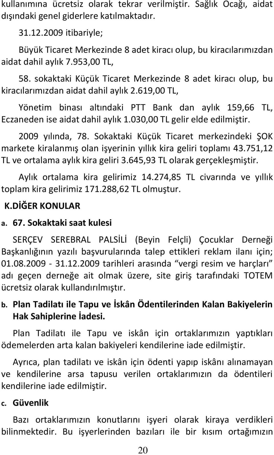 sokaktaki Küçük Ticaret Merkezinde 8 adet kiracı olup, bu kiracılarımızdan aidat dahil aylık 2.619,00 TL, Yönetim binası altındaki PTT Bank dan aylık 159,66 TL, Eczaneden ise aidat dahil aylık 1.