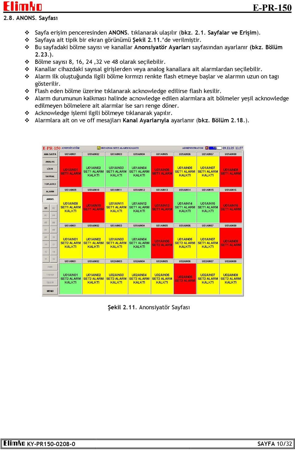 Kanallar cihazdaki sayısal girişlerden veya analog kanallara ait alarmlardan seçilebilir. Alarm ilk oluştuğunda ilgili bölme kırmızı renkte flash etmeye başlar ve alarmın uzun on tagı gösterilir.